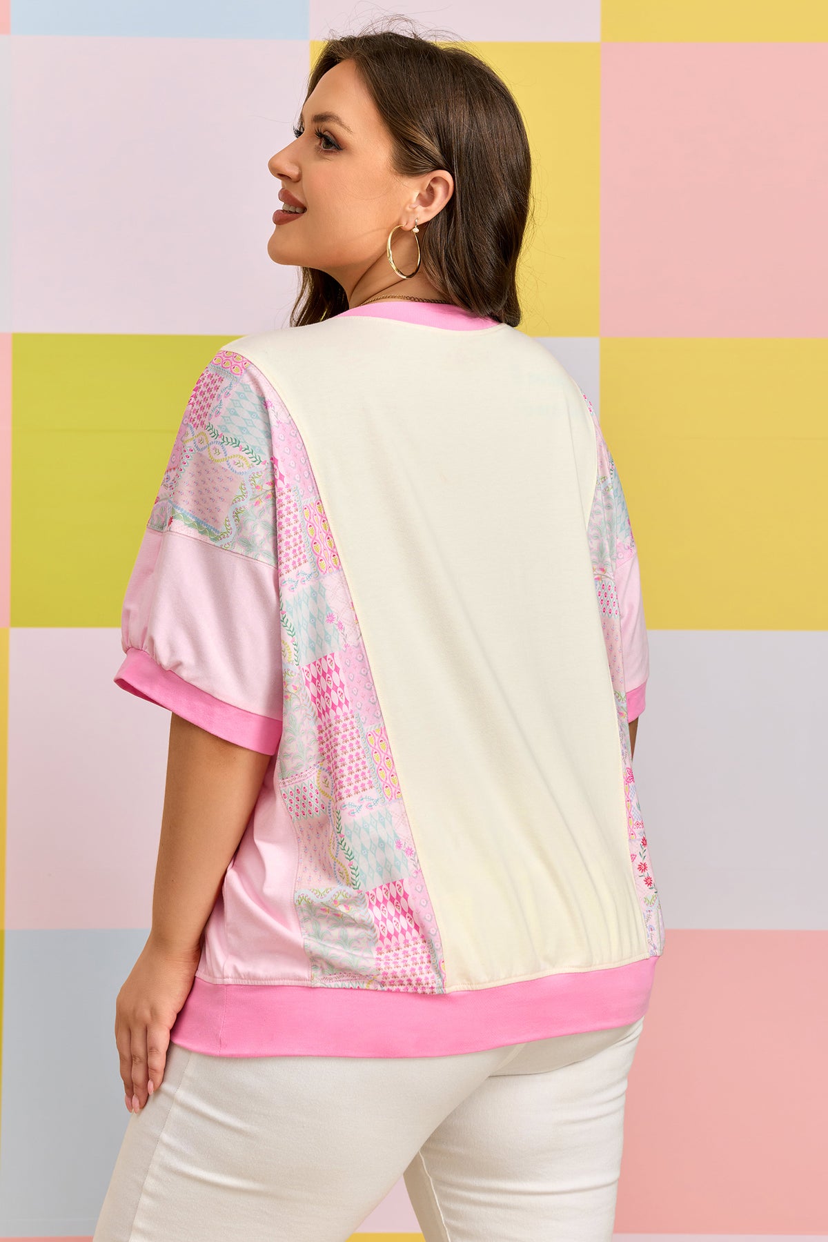 Beige Plus Size Floral Patchwork Short-Sleeve Patch Embroidery Cotton T-Shirt