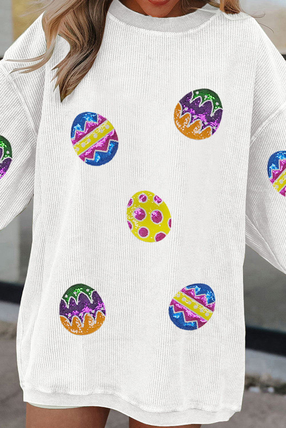 White Easter Egg Corded Oversized Sweatshirt