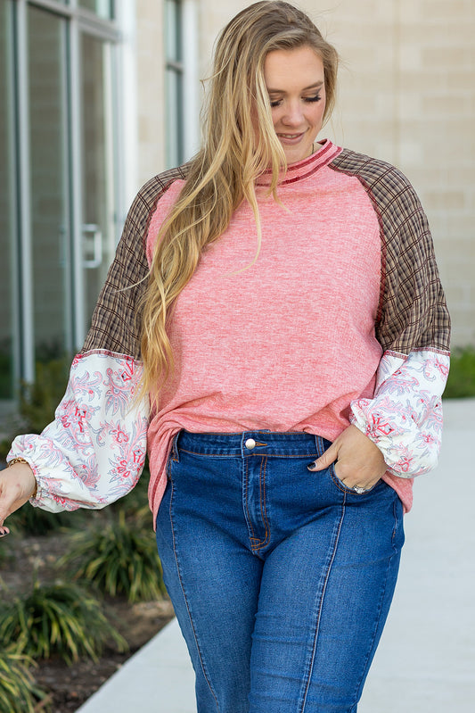 Pink Checkered Paisley Raglan Sleeve Seamed Plus Size Top