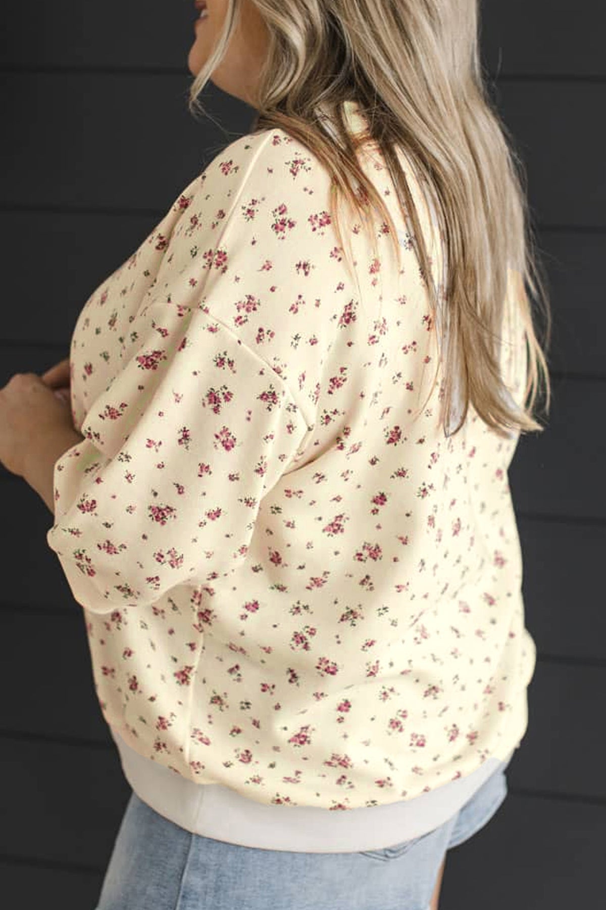 Beige Floral Print Color-Block Cuffs Hem Plus Size Blouse
