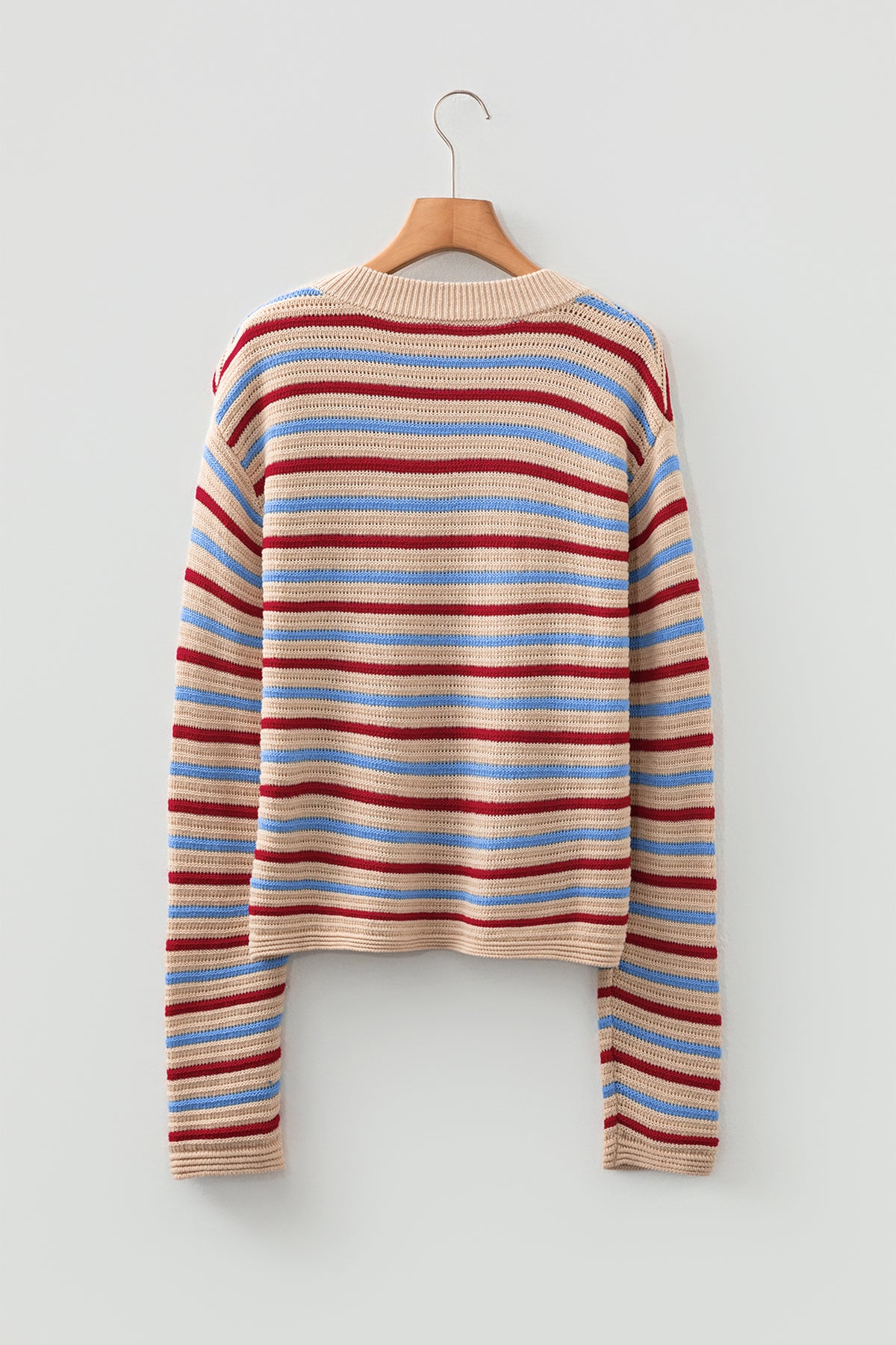 Khaki Stripe Drop Shoulder Cropped Long Sleeve Fall Sweater