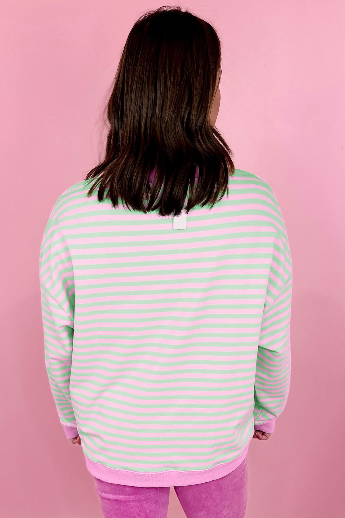 Green Stripe Striped Stand Neck Sweatshirt