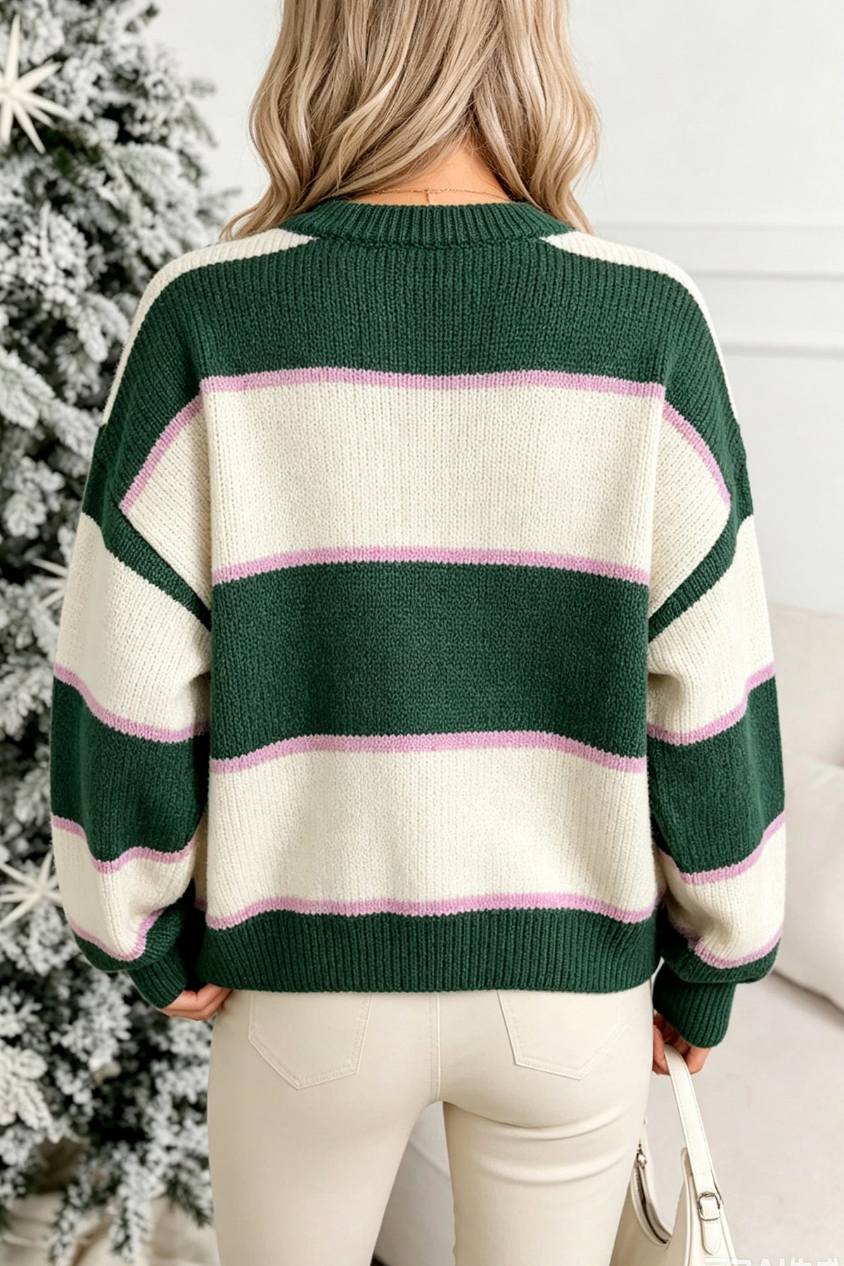 Blackish Green Striped Color Block Knit Dropped Shoulder Pullover Sweater