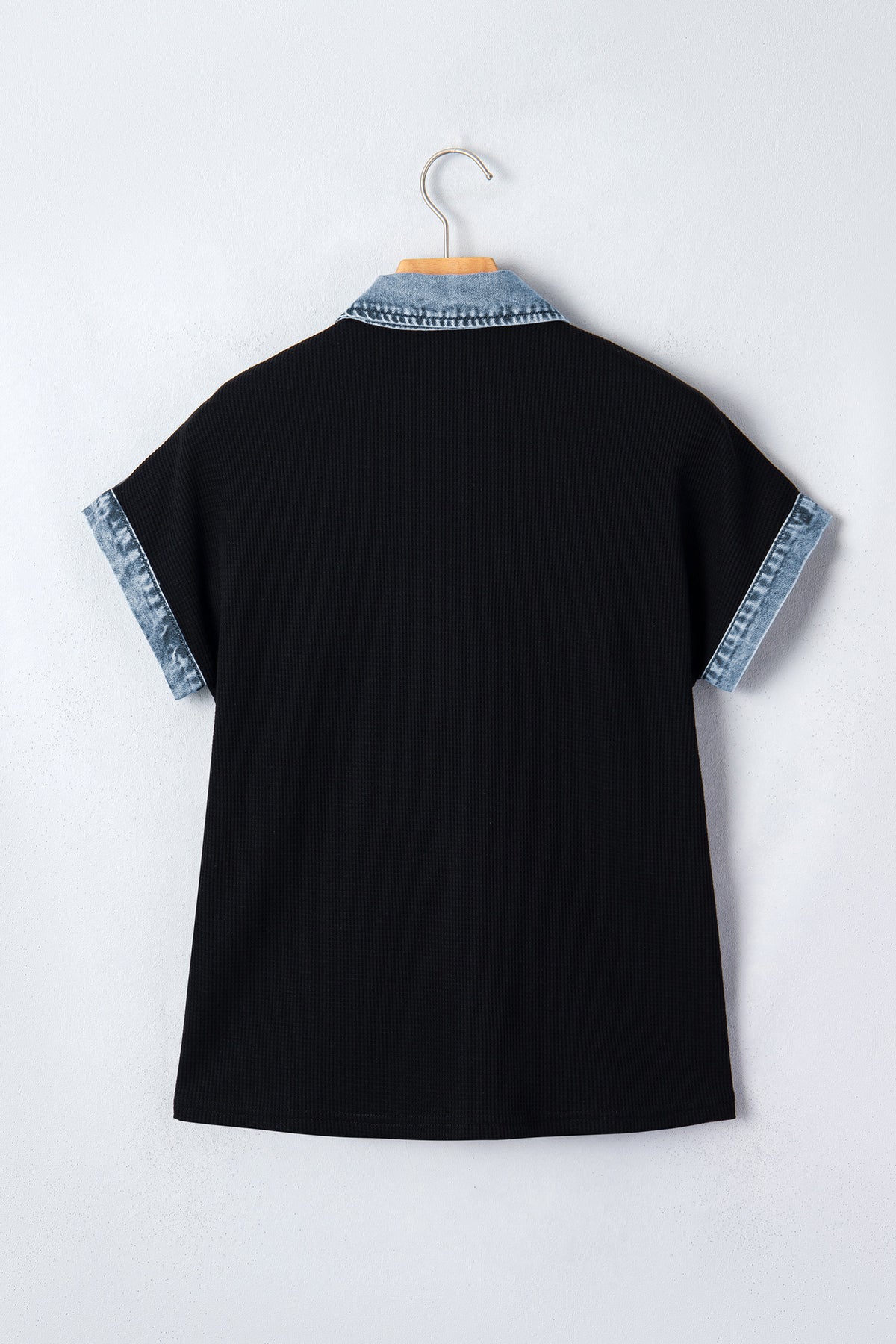 Black Textured Knit Denim Color Block Patchwork Collar Shirt