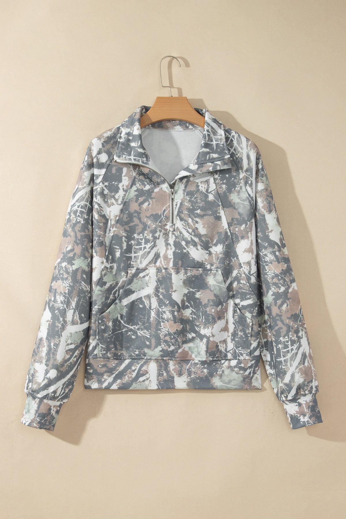 Multicolor Abstract Print Quarter Zip Kangaroo Pocket Sweatshirt