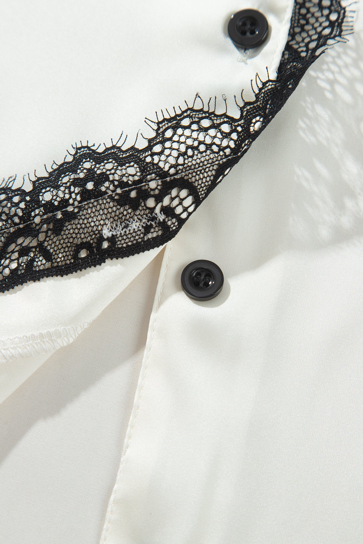 White Long Sleeve Lace Trim Button Front Pajama Set