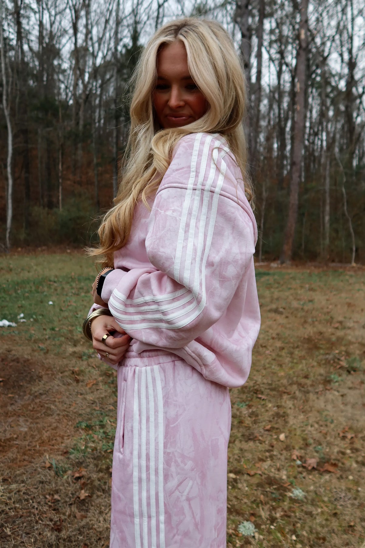 Pink Abstract Print Side Stripe Detail Long Sleeve Top Pants Set