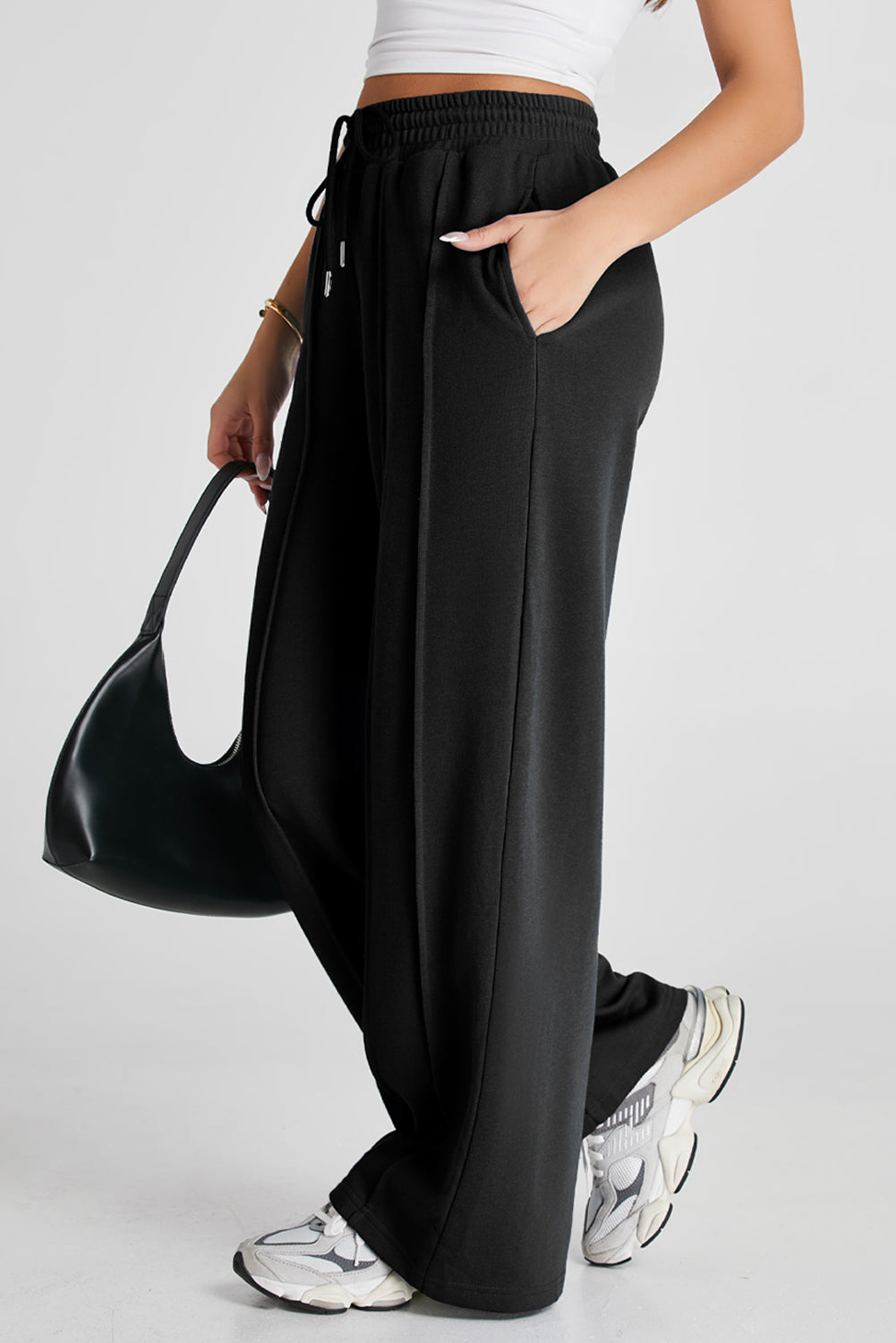 Black Seamed Drawstring High Waist Wide Leg Sweatpants