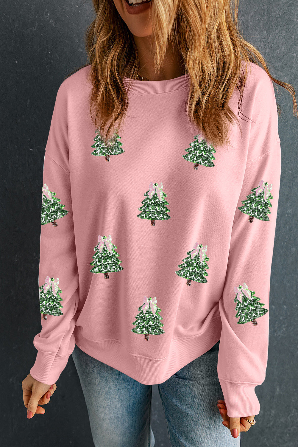 Pink Sequined Xmas Tree Patched Patterned Holiday Pullover Sweatshirt