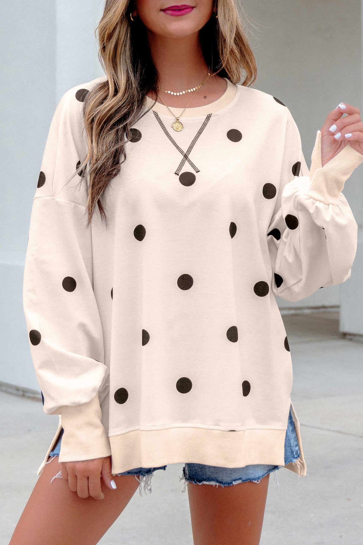 Yellow Polka Dot Long Sleeve Split Hem Pullover Top