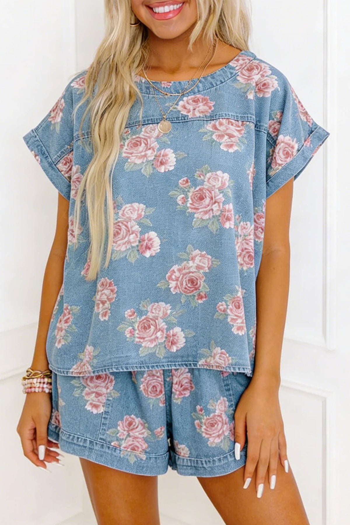 Women's Sky Blue Floral Denim Short-Sleeve Top Loose Shorts Two-Piece Set