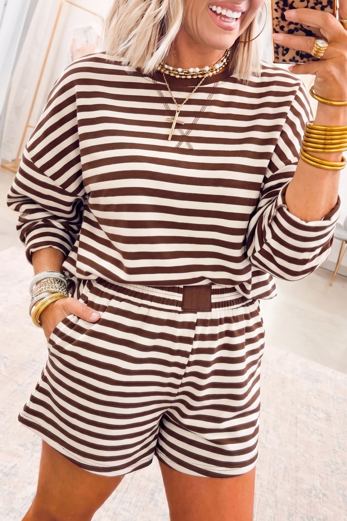 Women's Grapefruit Orange Drop Shoulder Long-Sleeve Pullover Elastic Waist Casual Shorts Set