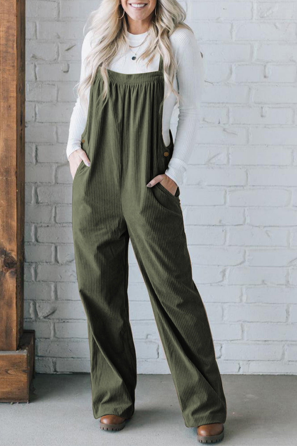 Real Teal Button Adjustable Straps Solid Corduroy Jumpsuit