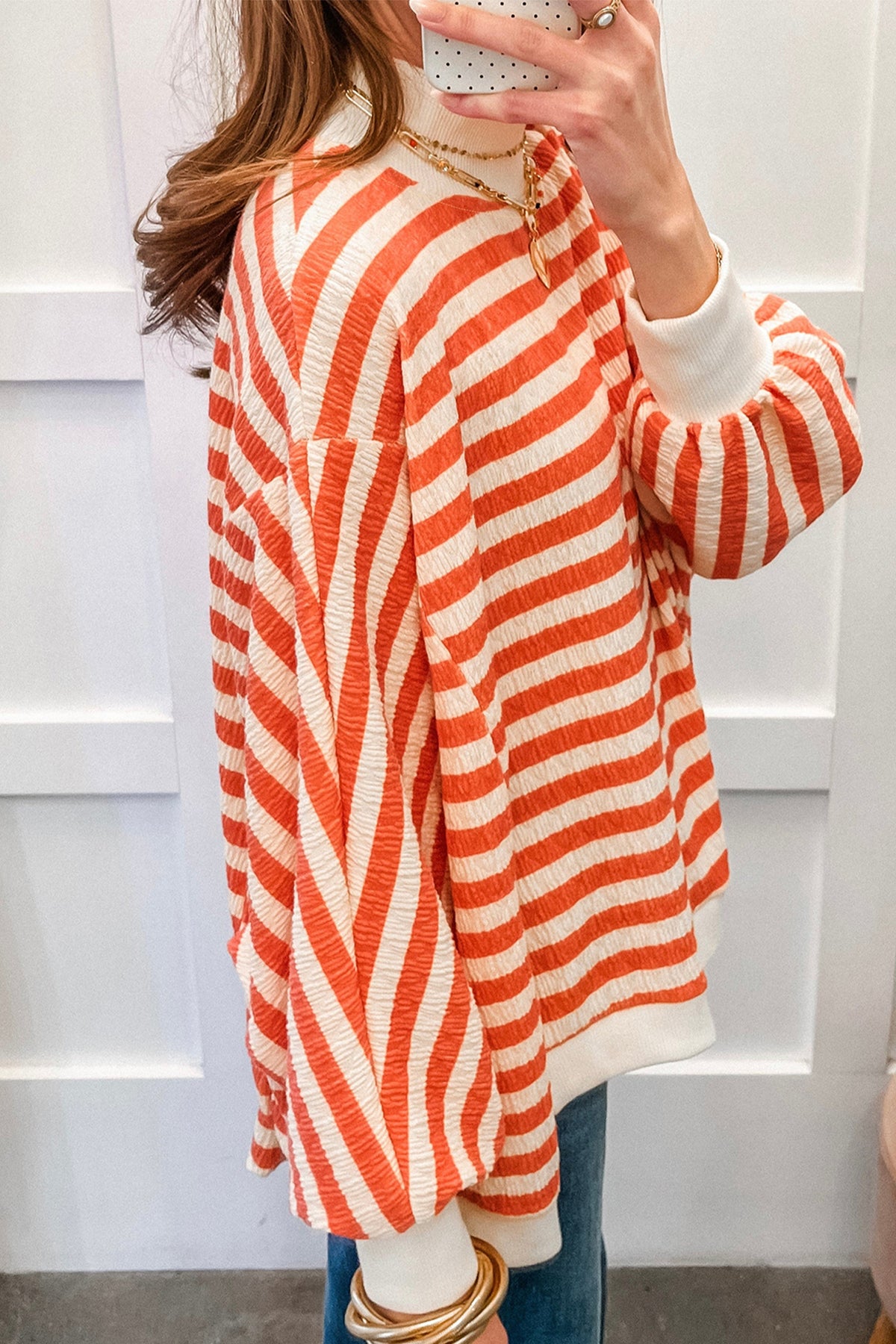 Orange Stripe Striped Textured Stand Neck Oversized Top