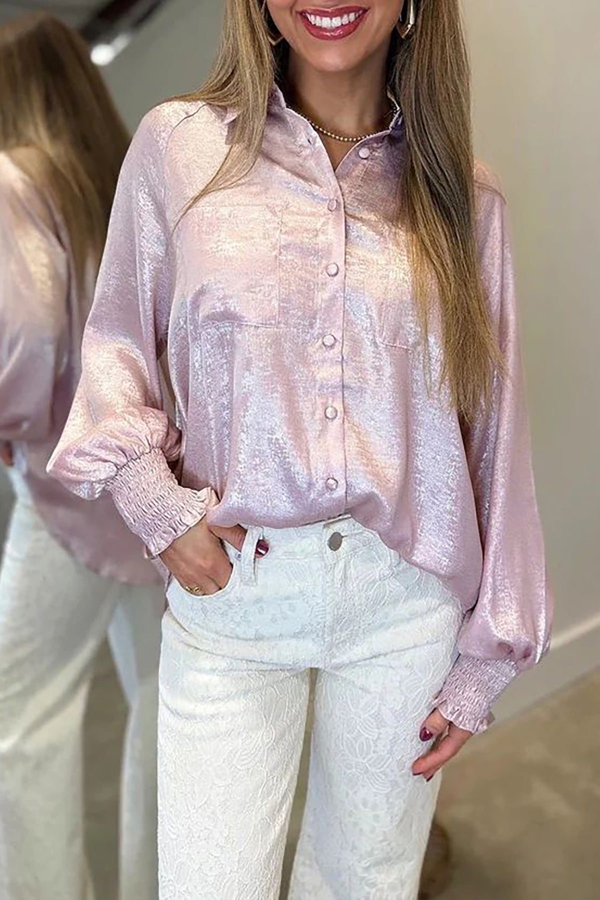 Delicacy Button Front Ruffle Cuffs Back Paneling Shirt