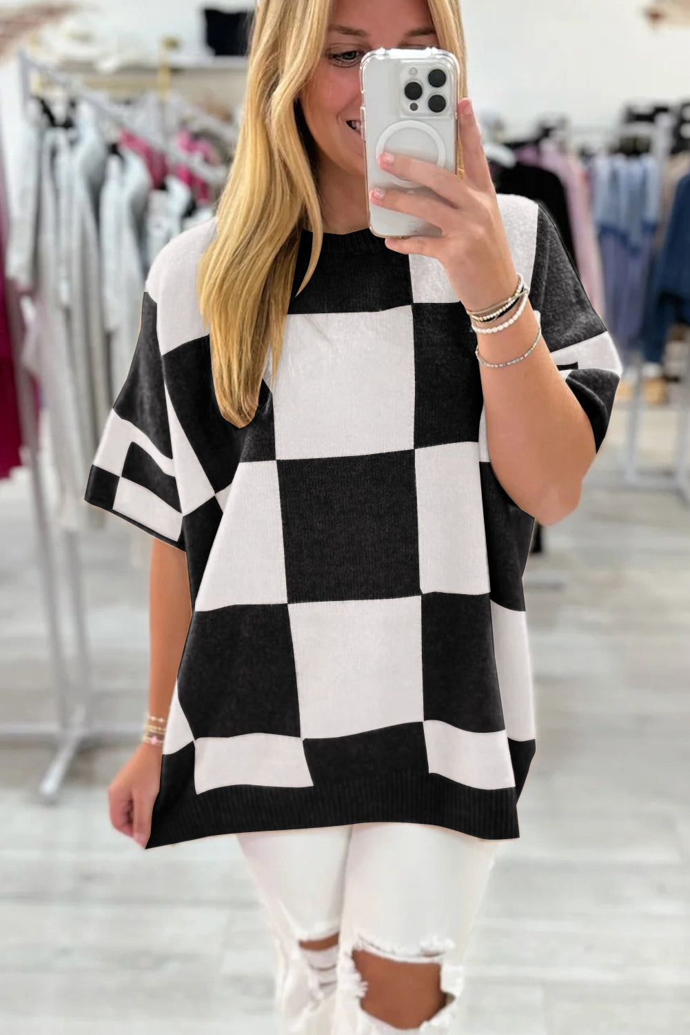 Black Checkered Pattern Loose Drop Shoulder Half Sleeve Sweater