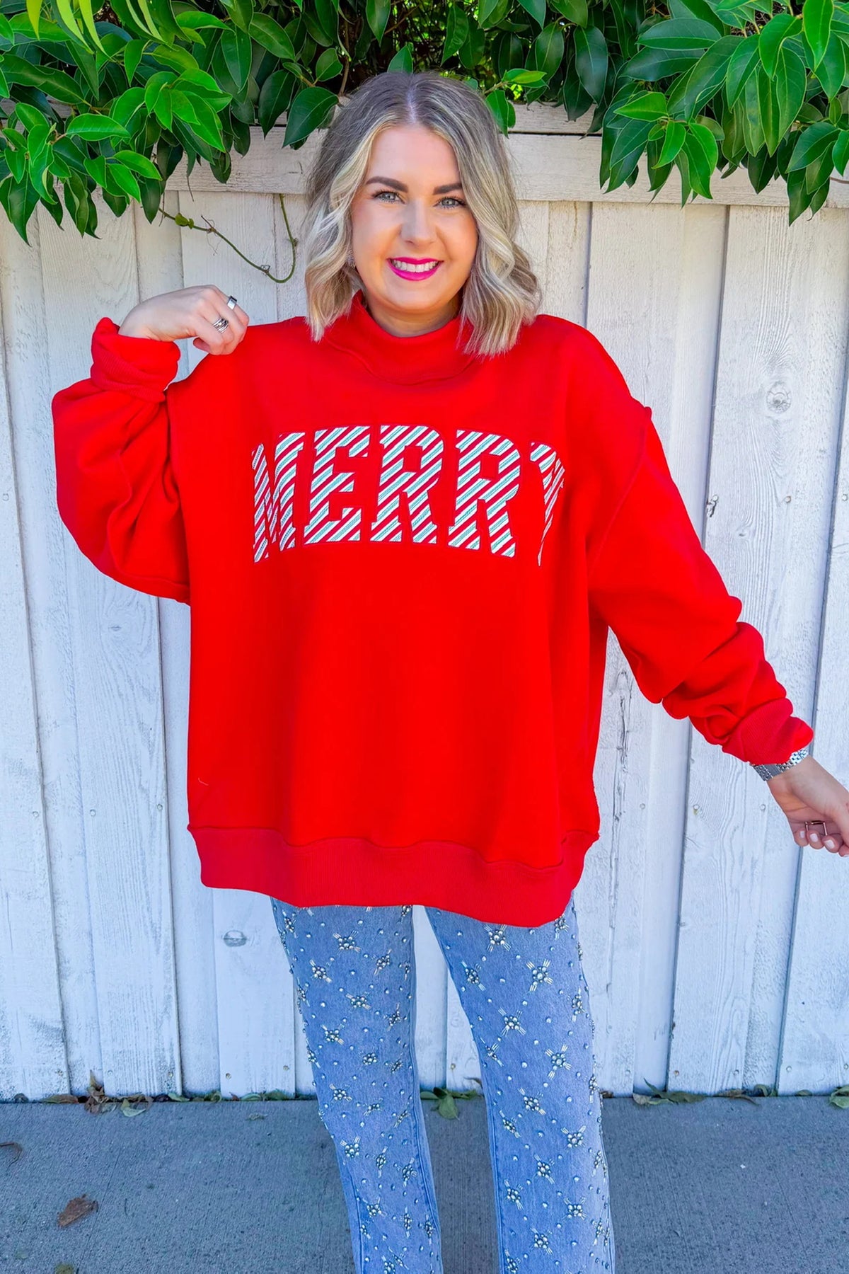 Fiery Red Embroidered Merry Slogan Stand Neck Shift Sweatshirt