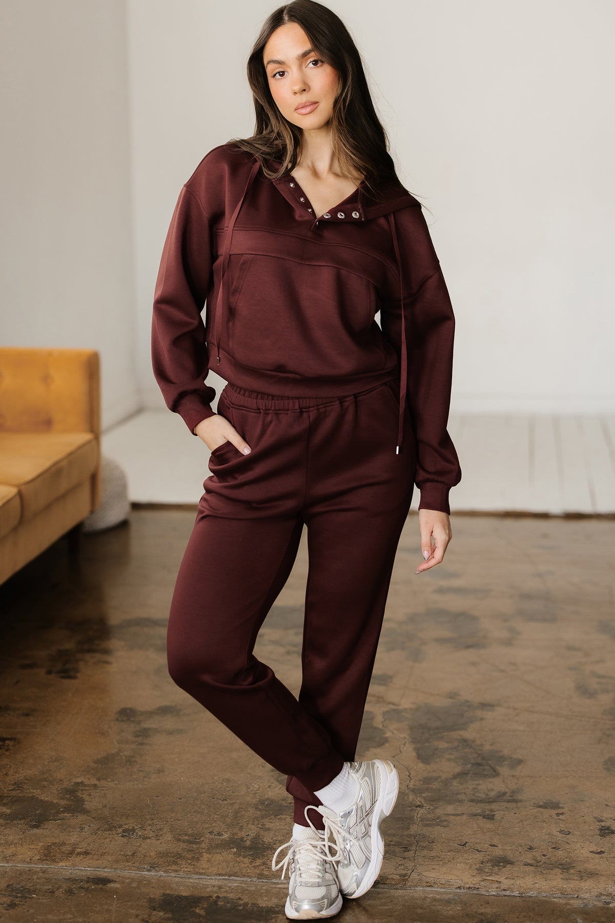 Women's Chicory Coffee Button Cropped Hoodie Jogger Two-Piece Set