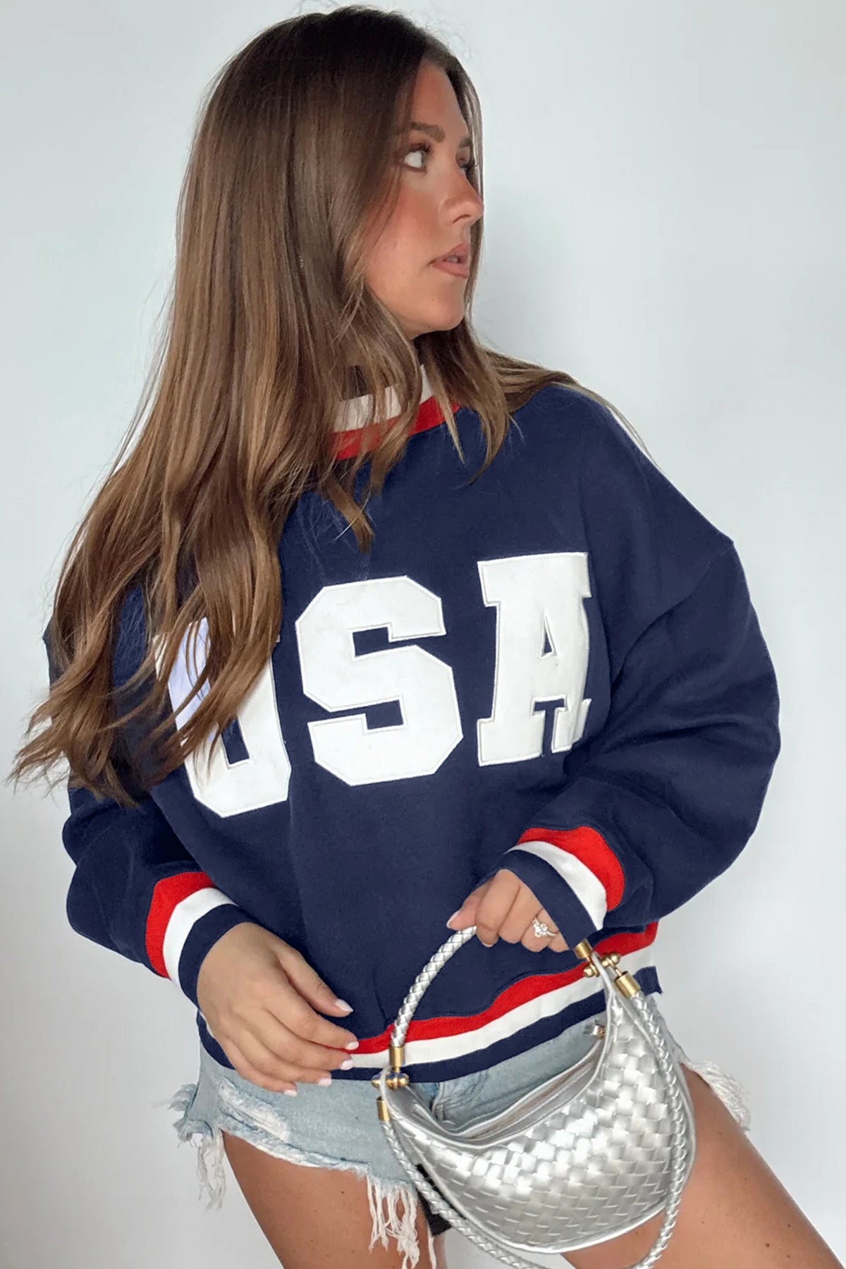 Dirty blue USA Slogan Patch Embroidery High Neck Sweatshirt