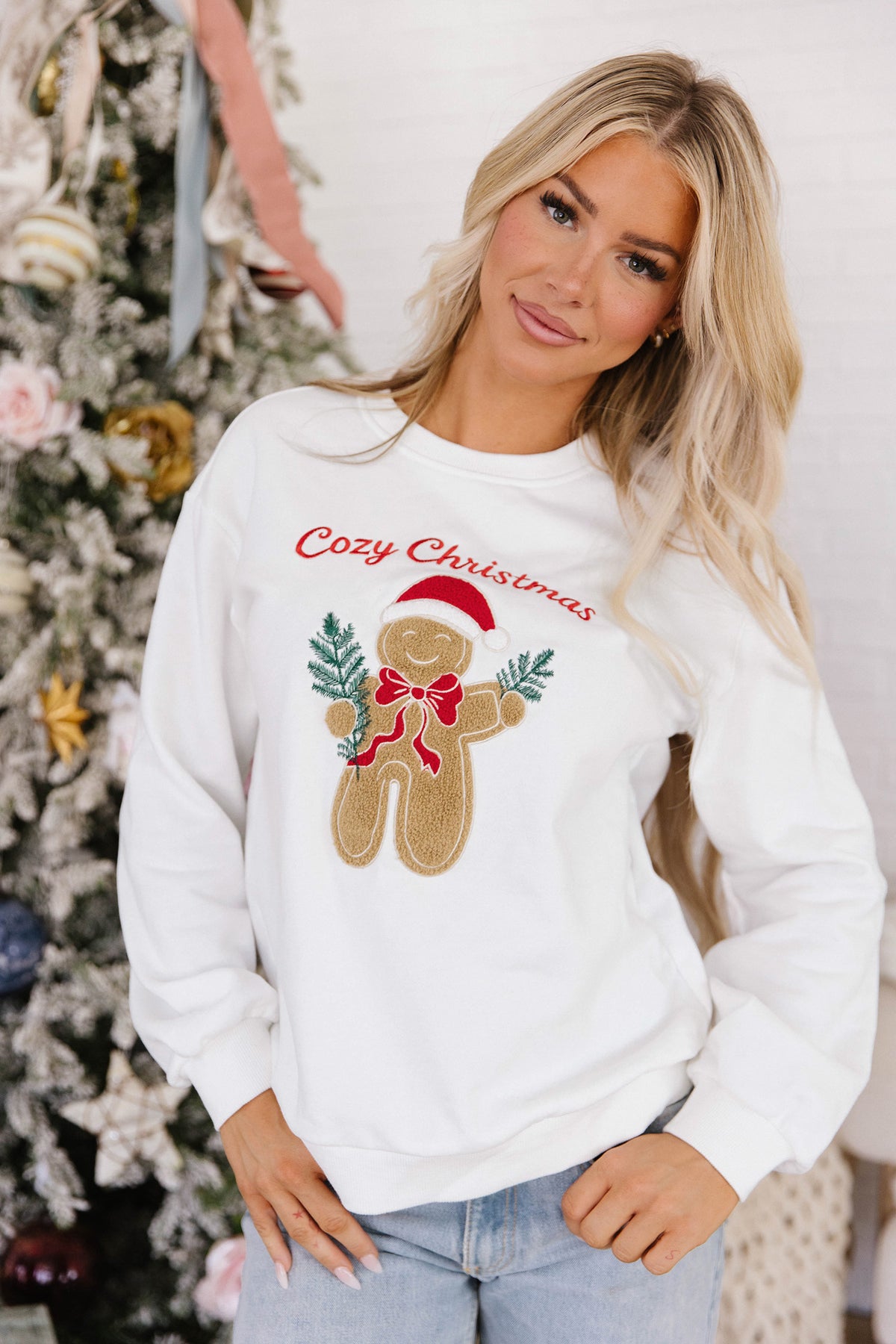 White Embroidered Gingerbread Christmas Long Sleeve Sweatshirt