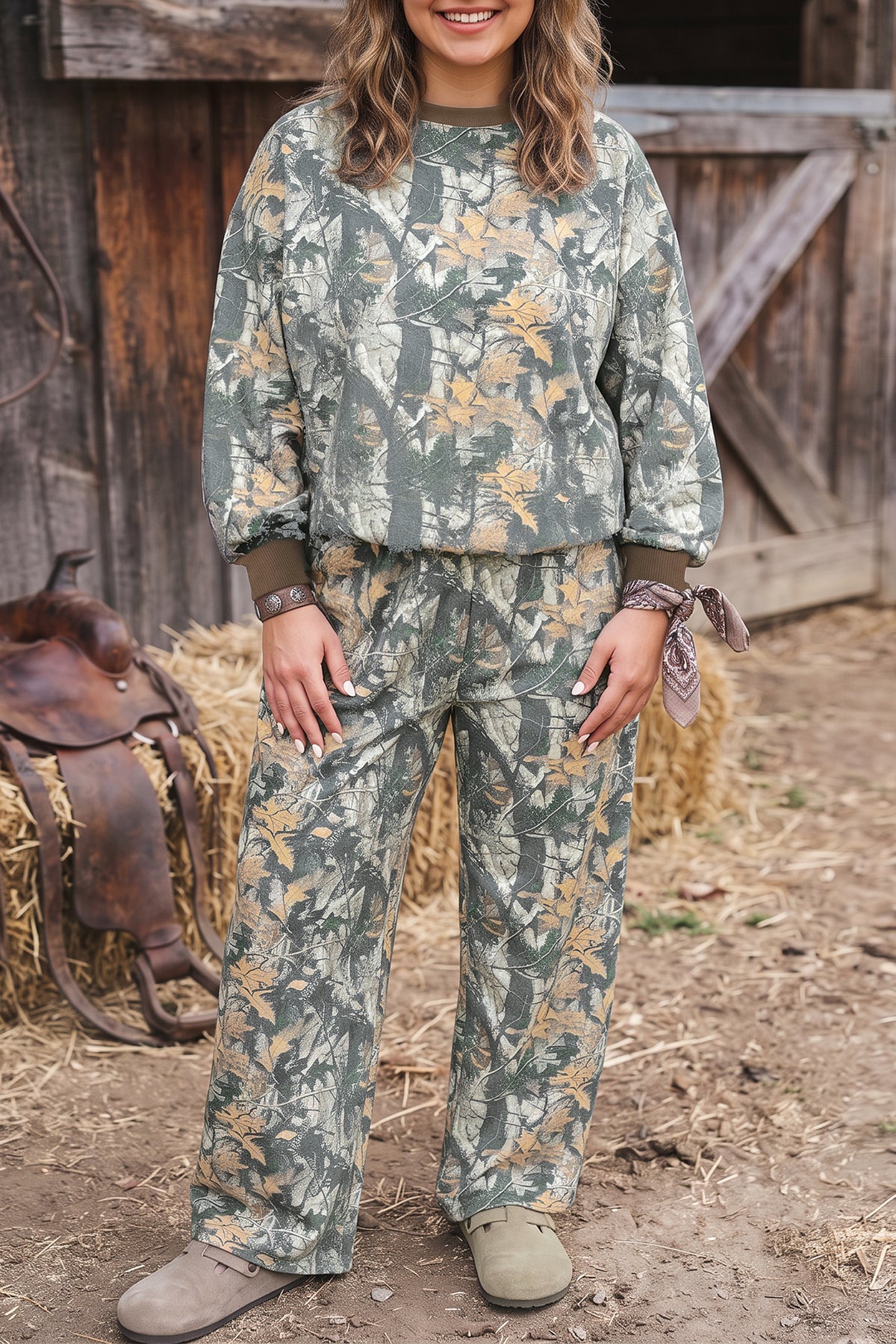 Brown Jungle Camouflage Print Ribbed Trim Long-Sleeve Top Plus Size Pant Set