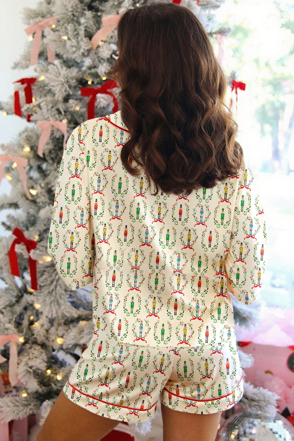 Beige Nutcracker Print Contrast Trim Tied up Bow Silky Pajama Set