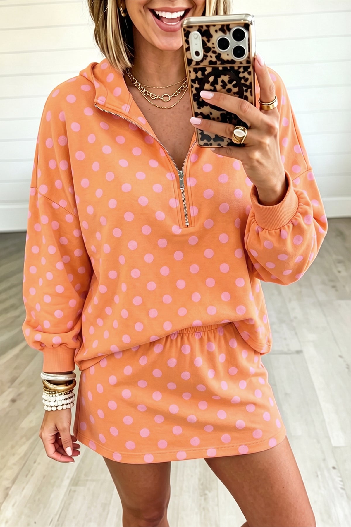 Women's Pink Polka Dot Hooded Long-Sleeve Top Casual Mini Skort Set