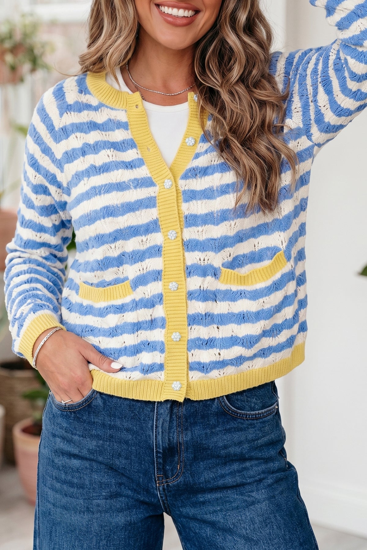 Sky Blue Stripe Striped Colorblock Button Front Long Sleeve Fit Knit Cardigan