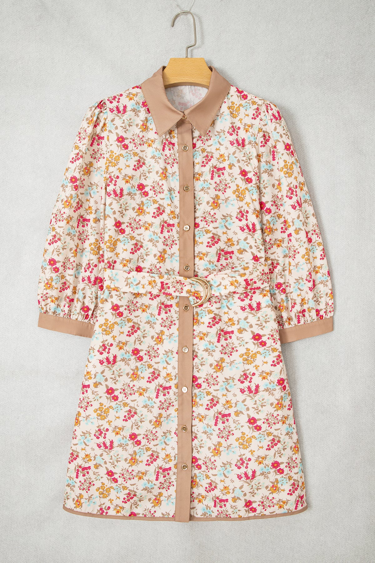 Orange Floral Print Color Block 3/4 Sleeve Belted Mini Dress