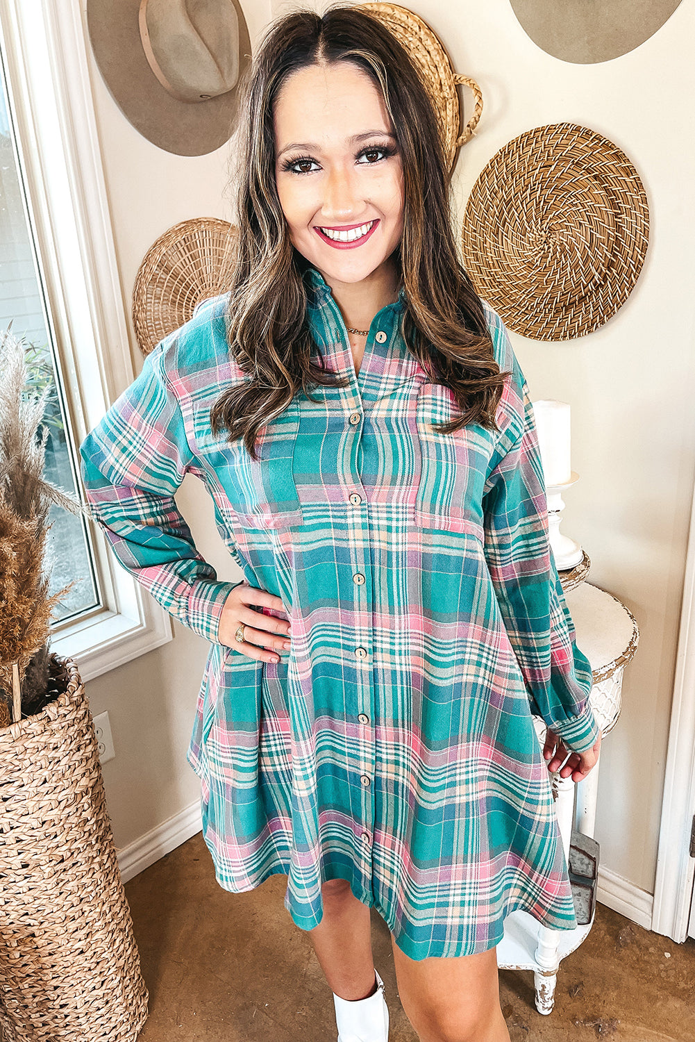 Green Plaid Button-Up Shift Long-Sleeve V-Neck Plus Size Dress