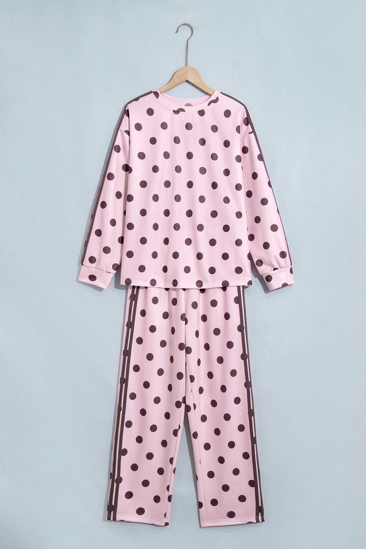 Pink Polka Dot Print Side Stripe Detail Long Sleeve Top Pant Set