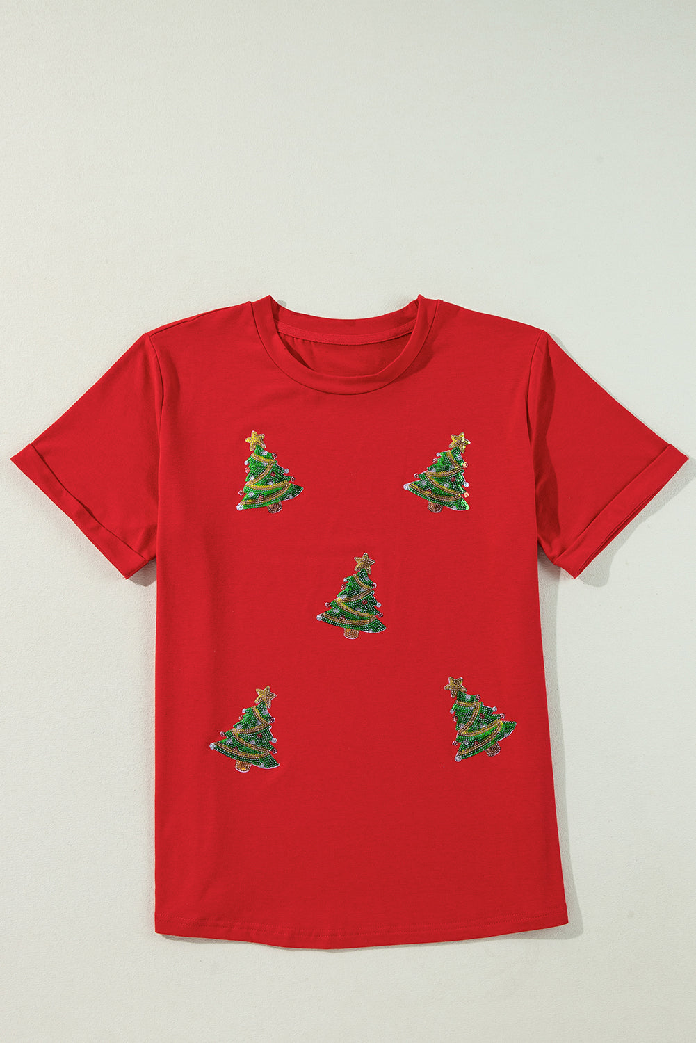Red Sequined Christmas Tree Graphic Crewneck T-Shirt