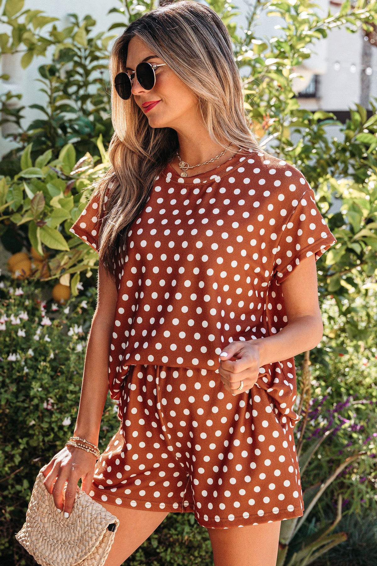 Women's Pink Polka Dot Print Shorts Two-Piece Set