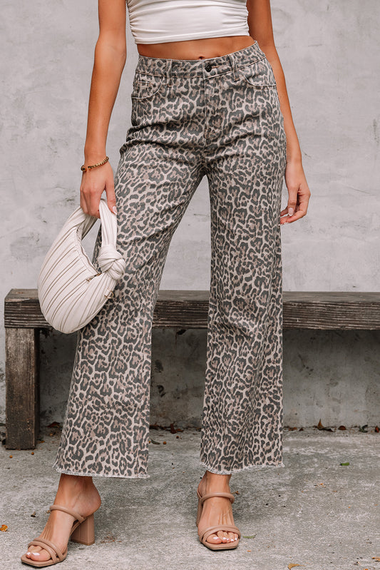 Brown Leopard Frayed Edge Wide Leg High Waist Jeans