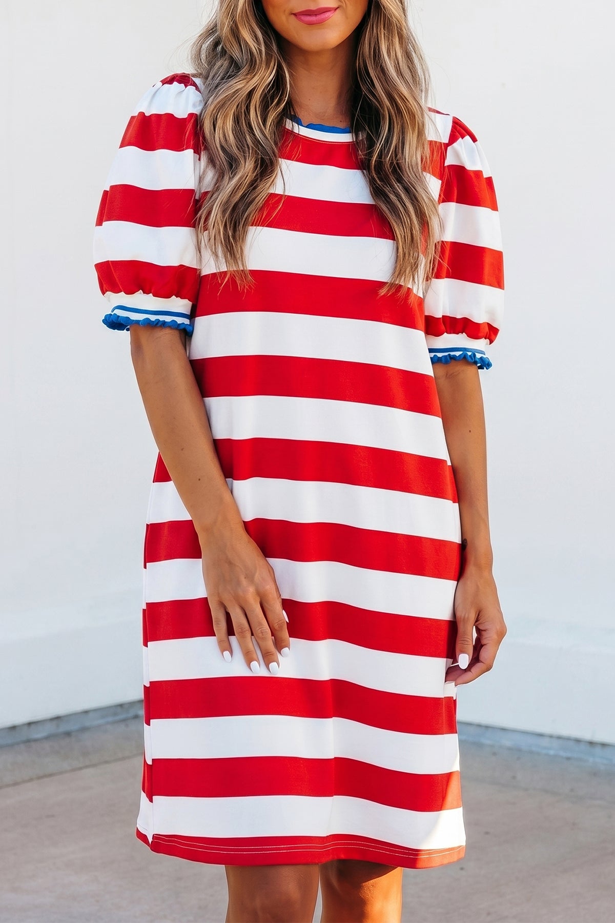 Blue Stripe Round Neck Short Puff Sleeve Shift Mini Dress