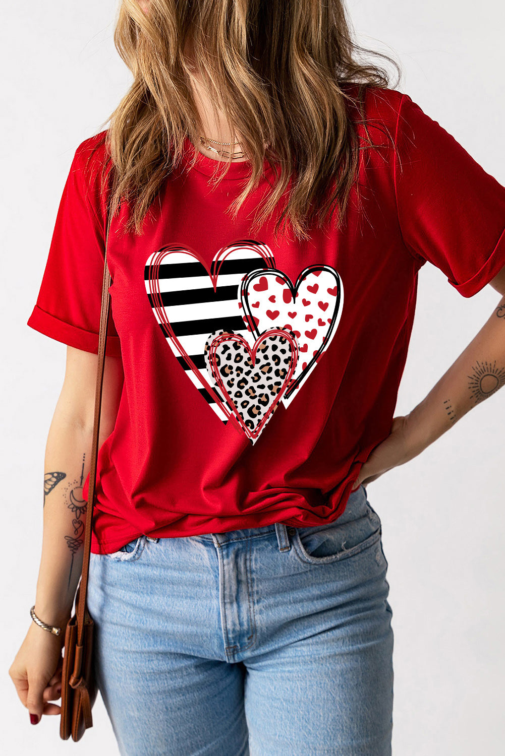Red Leopard Striped Heart Shaped Print Crew Neck T-Shirt