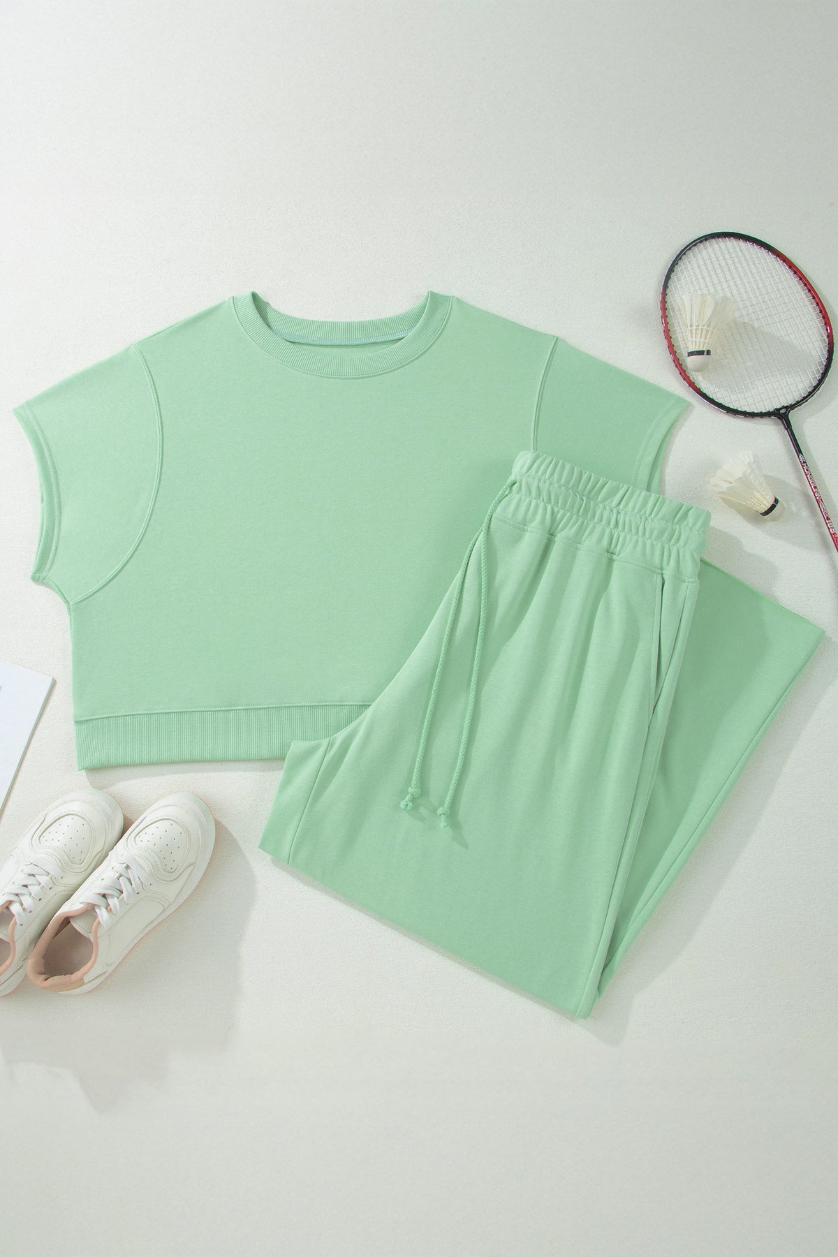 Mist Blue Solid Color Ribbed Trim Short-Sleeve Top Drawstring Loose Pants 2pcs Outfit