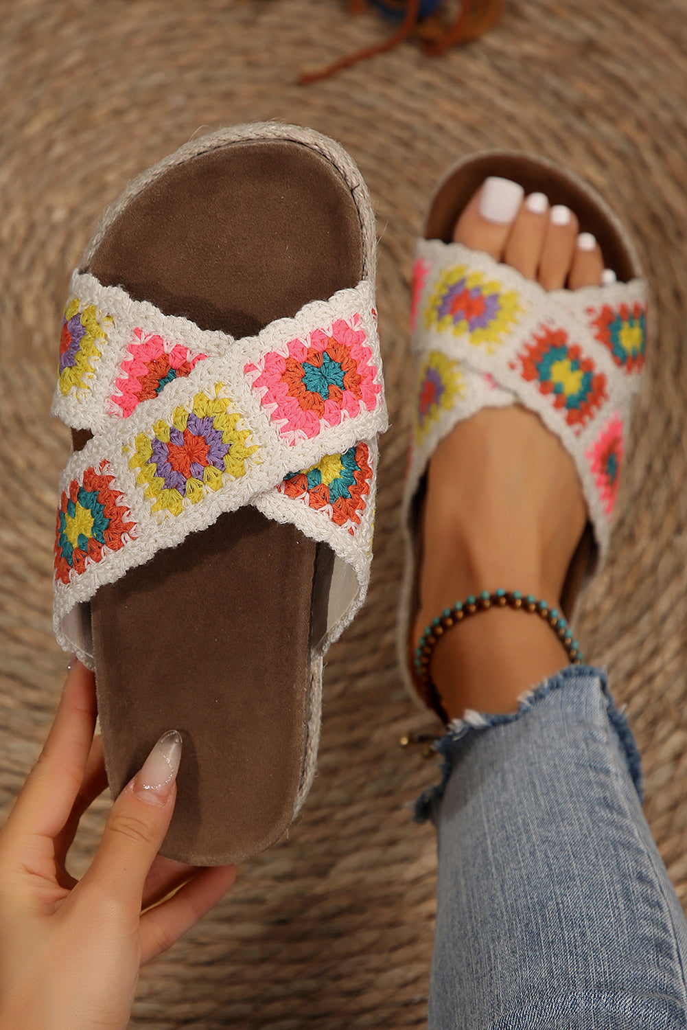White Geometric Woven Crisscross Strap Platform Sandals