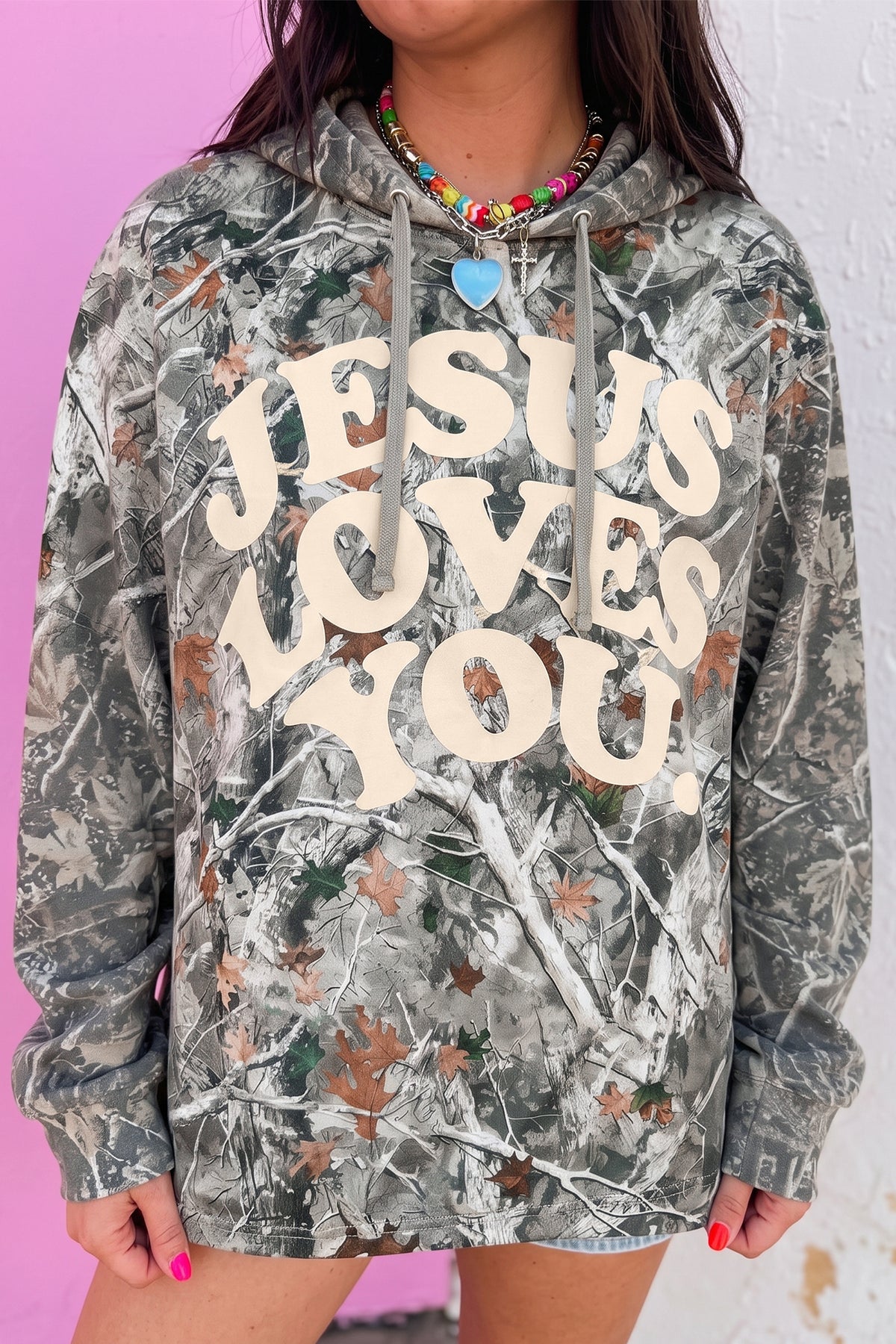 Beige Woodland Camo JESUS LOVES YOU Tunic Hoodie