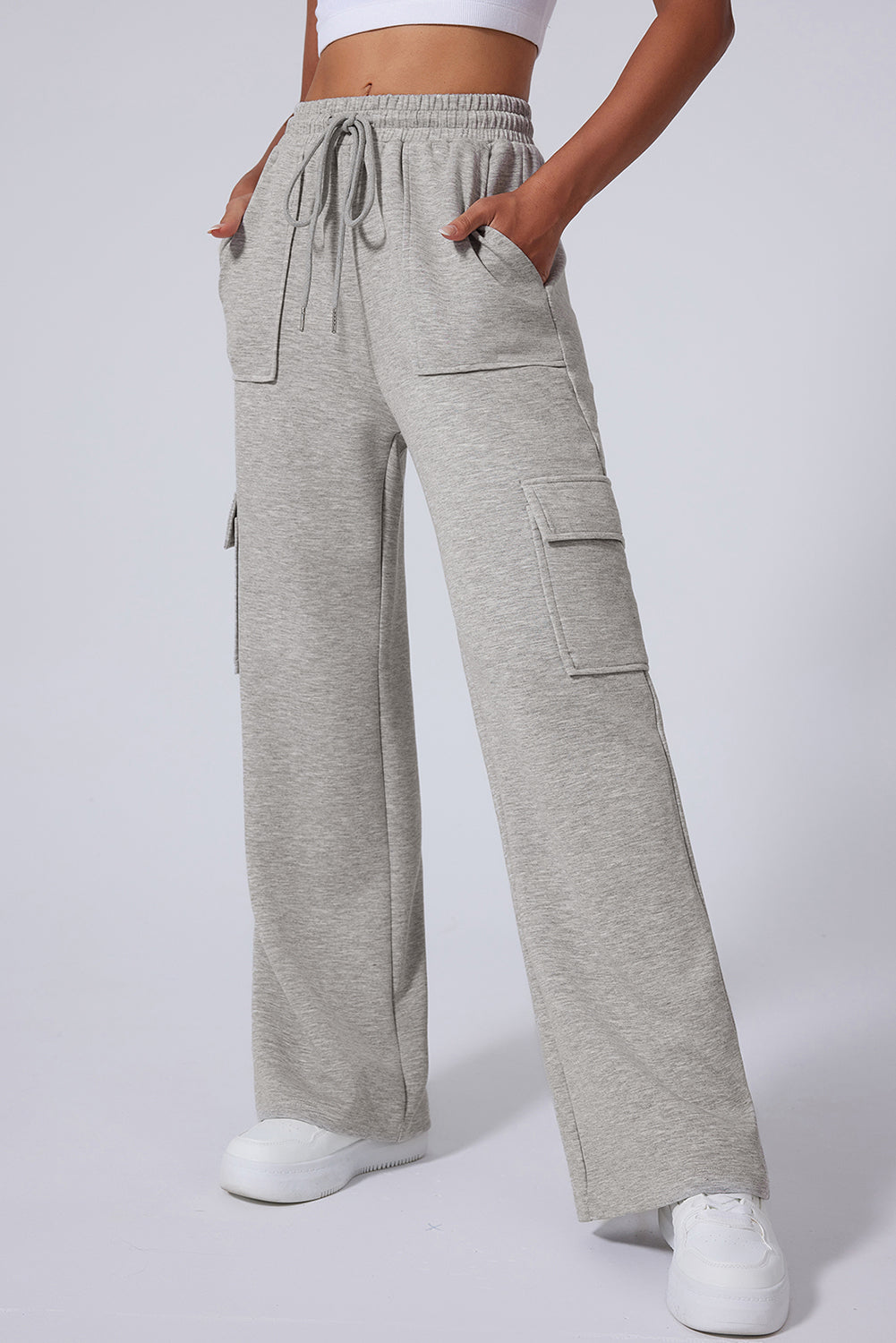 Light Grey Multi Pockets Lace-up High Waist Wide Leg Active Pants