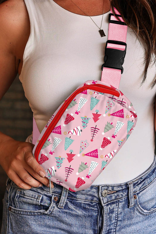 Pink Christmas Tree Print Buckle Wide Strap Sling Bag