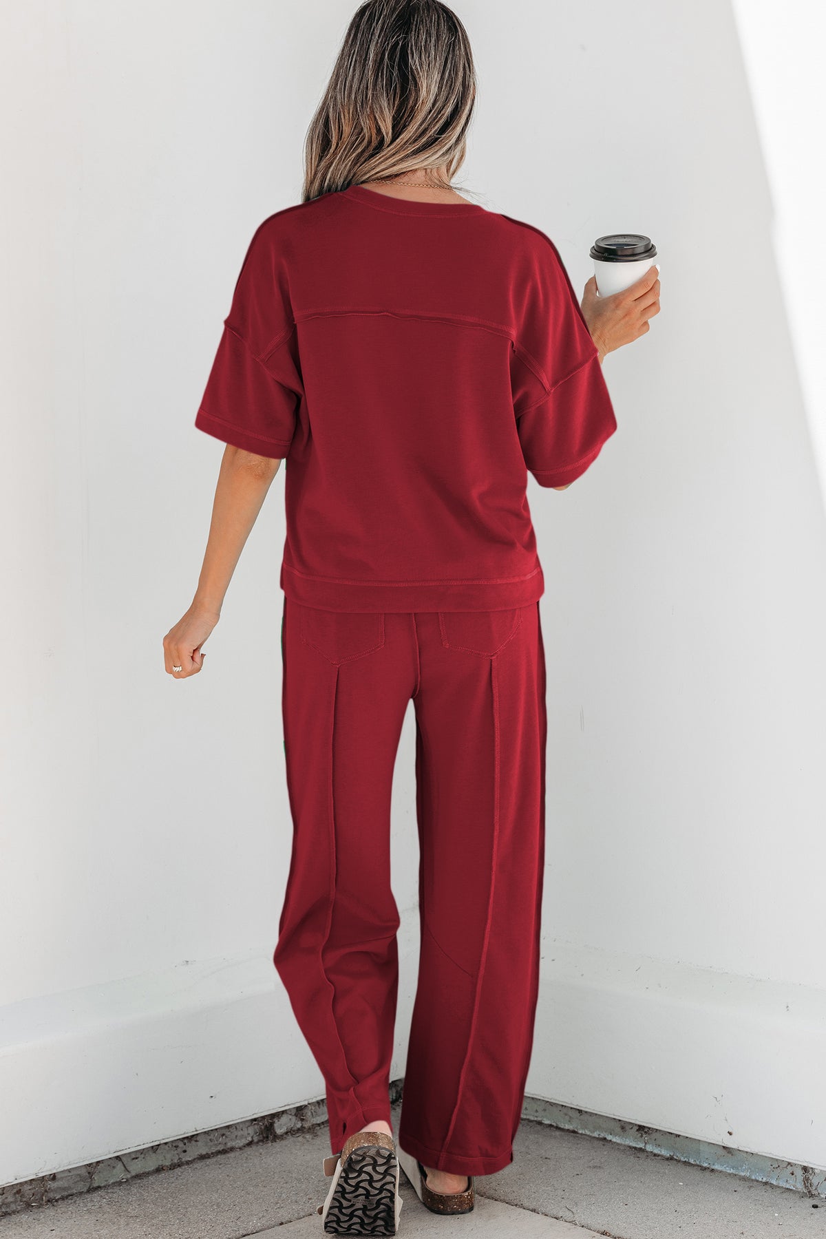 Women's Rose Red Drop Shoulder Boxy Tee and Barrel Pants Set