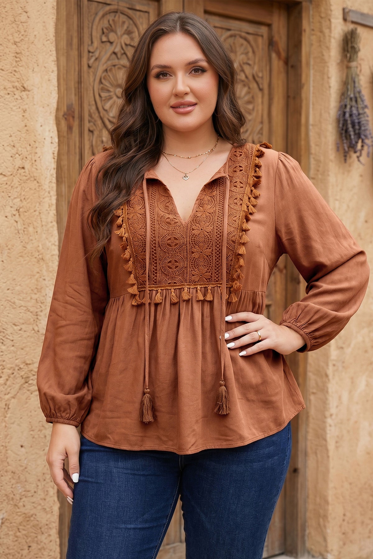 Chestnut Boho V-Neck Embroidered Tassel Long-Sleeve Plus Size Blouse
