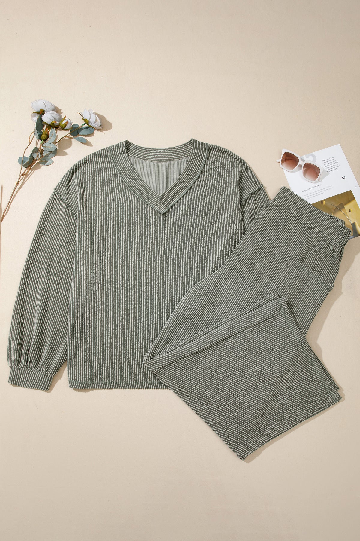 Four Leaf Clover Twisted Ribbed Exposed Seam Detail V-Neck Pullover Plus Size Pant Set