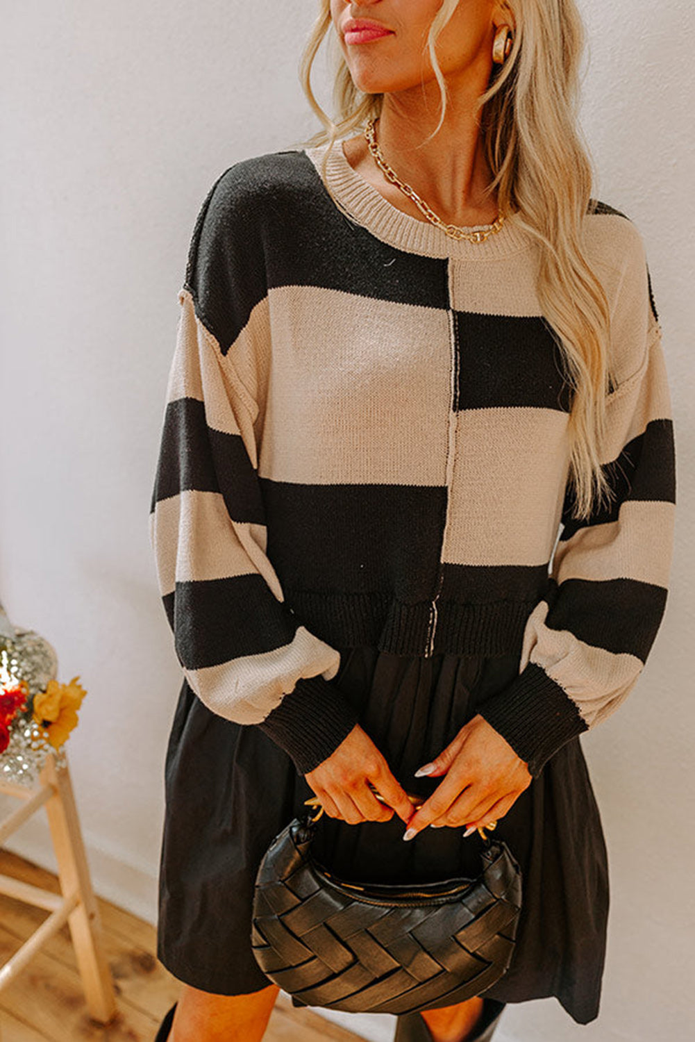 Black Stripe Two in One Knitted Top High Waist Splicing Hem Sweater Dress