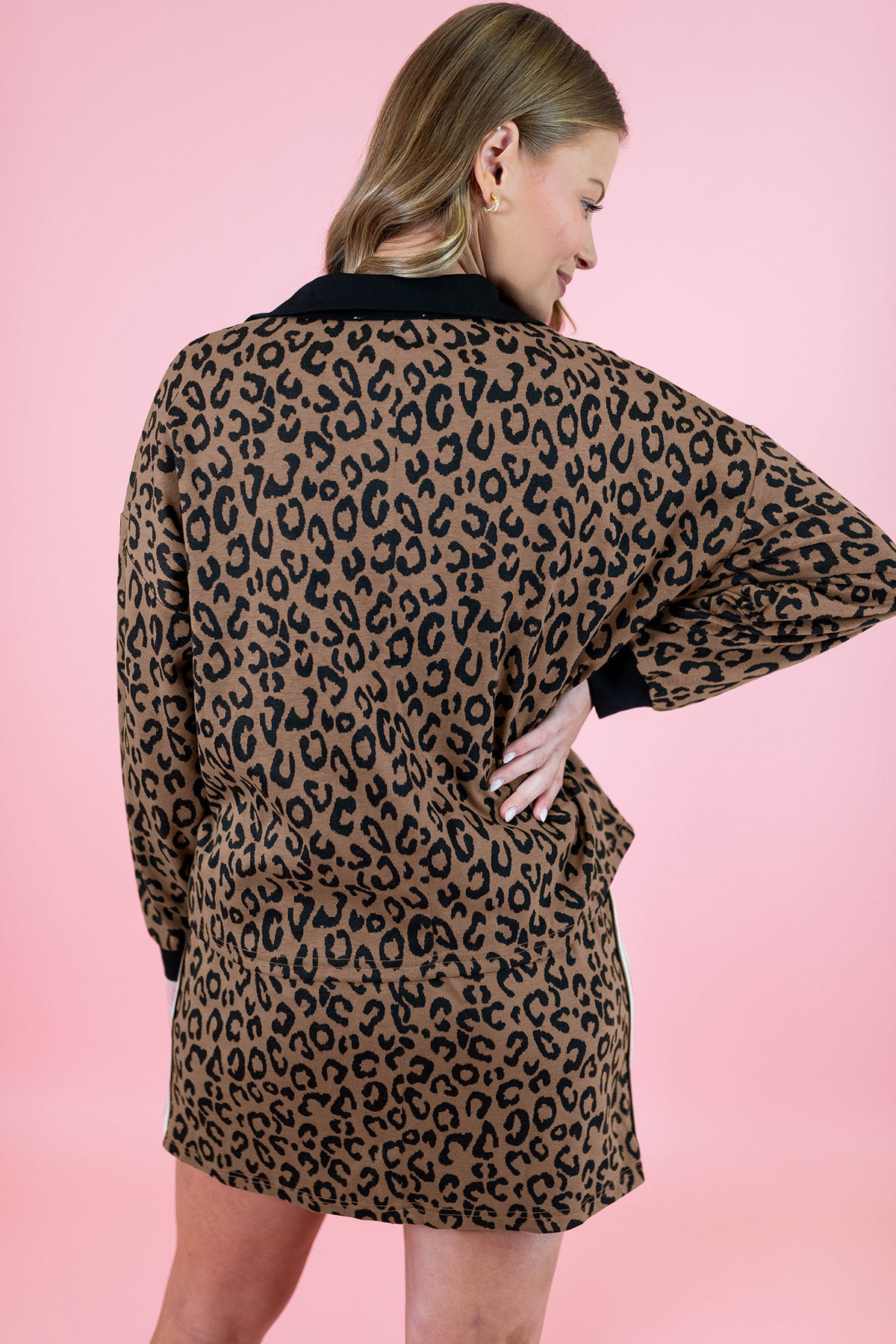 Women's Khaki Leopard Print Quarter Zip Long-Sleeve Top Mini Skort Set