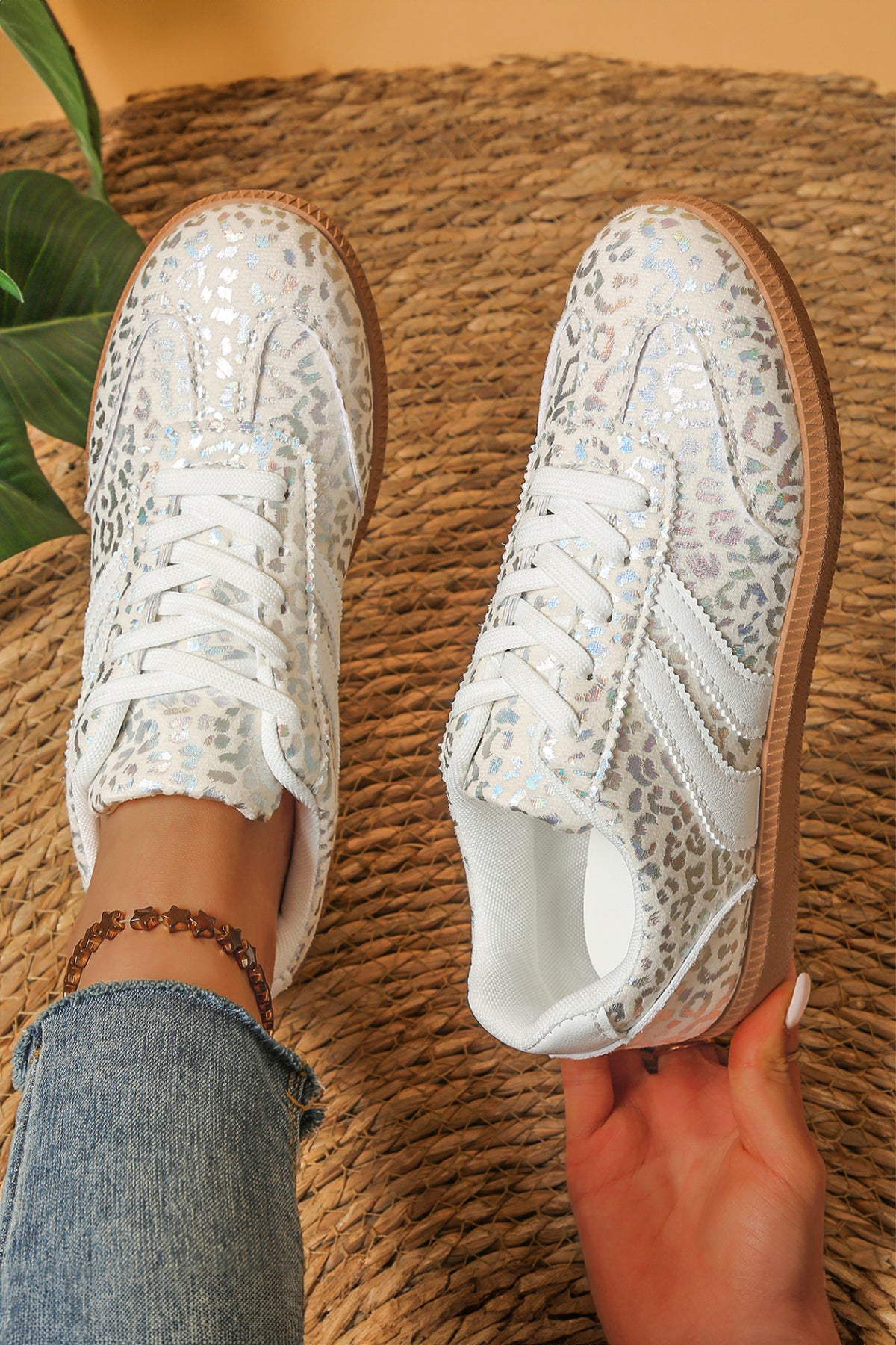 White PU Leather Shimmer Leopard Printed Lace-up Sneakers