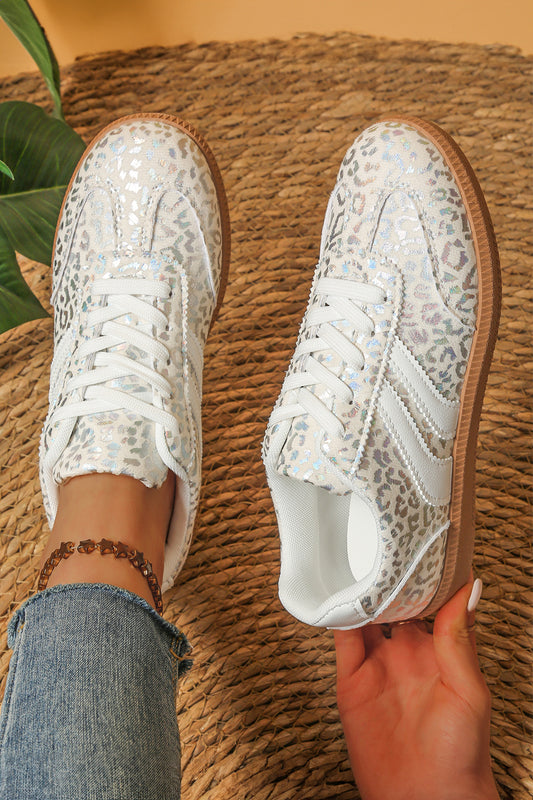 White PU Leather Shimmer Leopard Printed Lace-up Sneakers