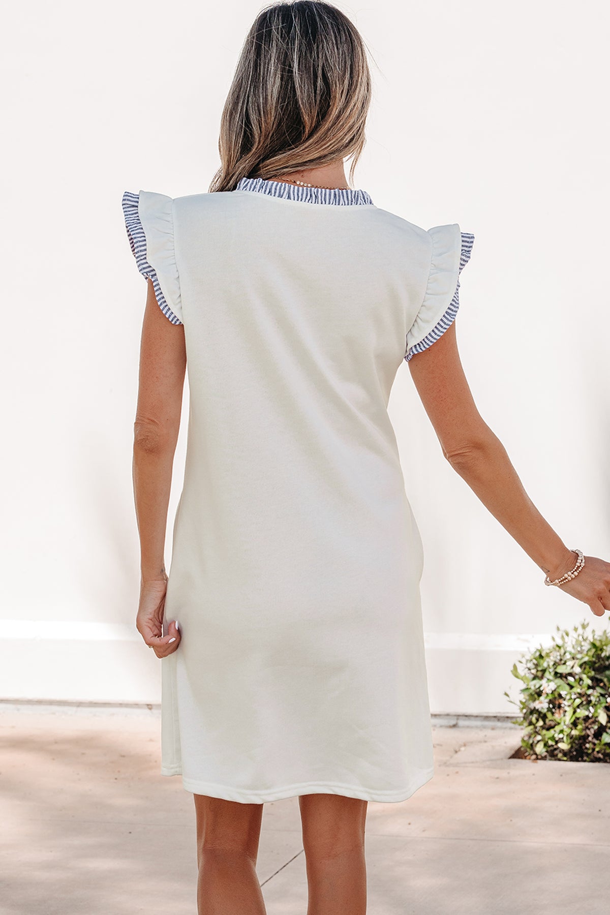 White Striped Patchwork Split Neck Ruffle Trim Sleeveless Dress