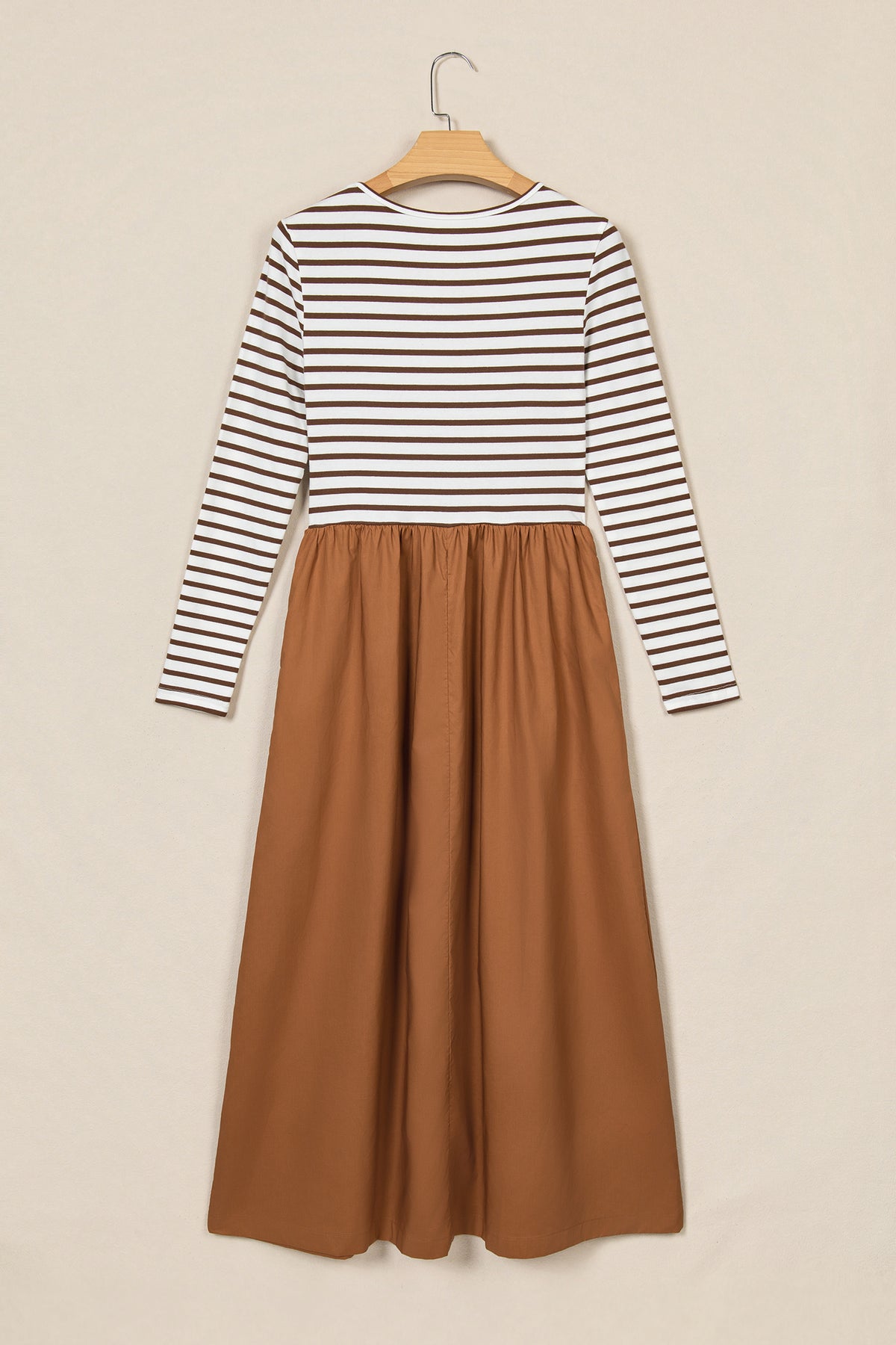 Brown Stripe Ribbed Knit Long Sleeve Bodice Patchwork Flared Dress